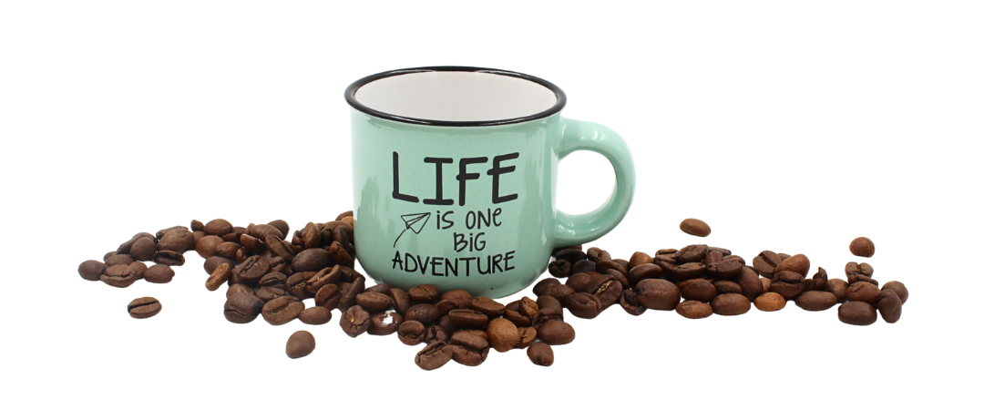 Cană cafea espresso Nekupto 80 ml, ceramică, gri, mesajul „LIFE IS ONE BIG ADVENTURE”